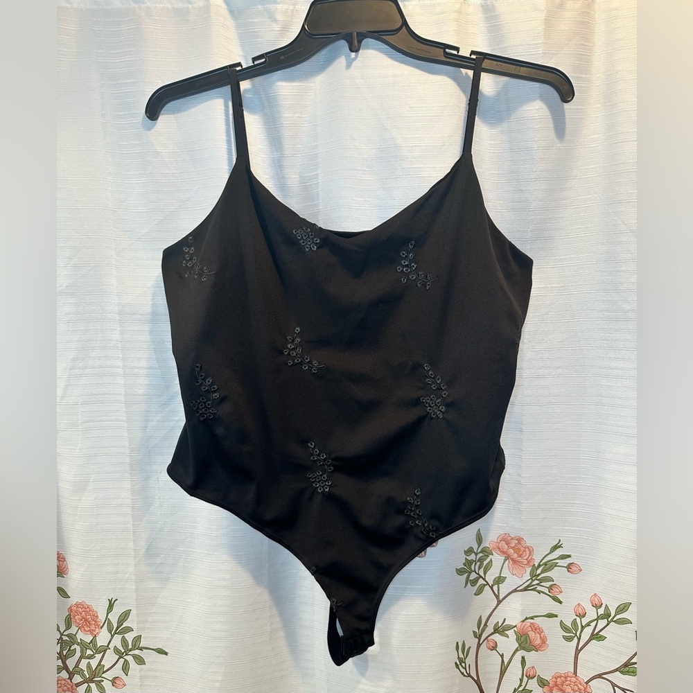 H&M Women Black Bodysuit with Floral Embroidery